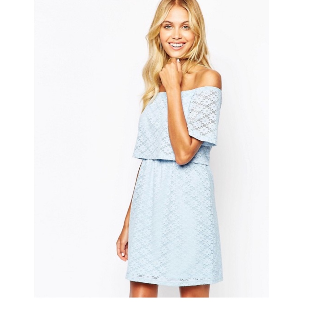 Fashion Union Off Shoulder Baby Blue Lace Dress